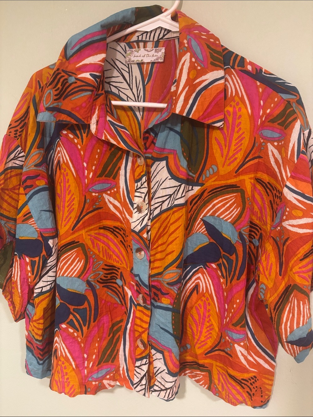 Land of the Free Tropical Print Button-Front Women's Top - Orange Multi